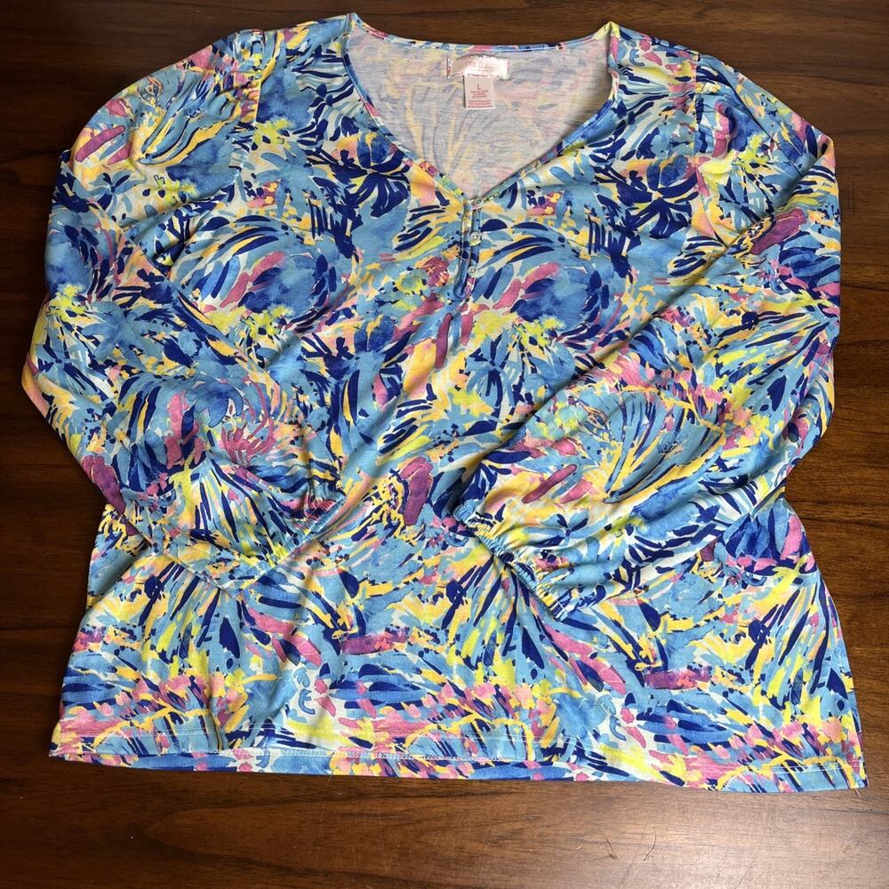 Stella Parker Women’s Large Long Sleeve Knit Blouse 1/4 Button V Neck Colorful